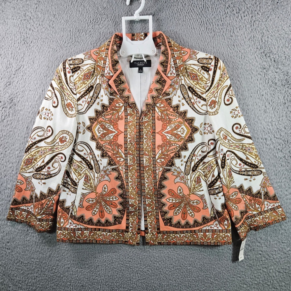 NEW Talbots Womens Blazer Jacket Size 2 Orange Paisley Open Front‎